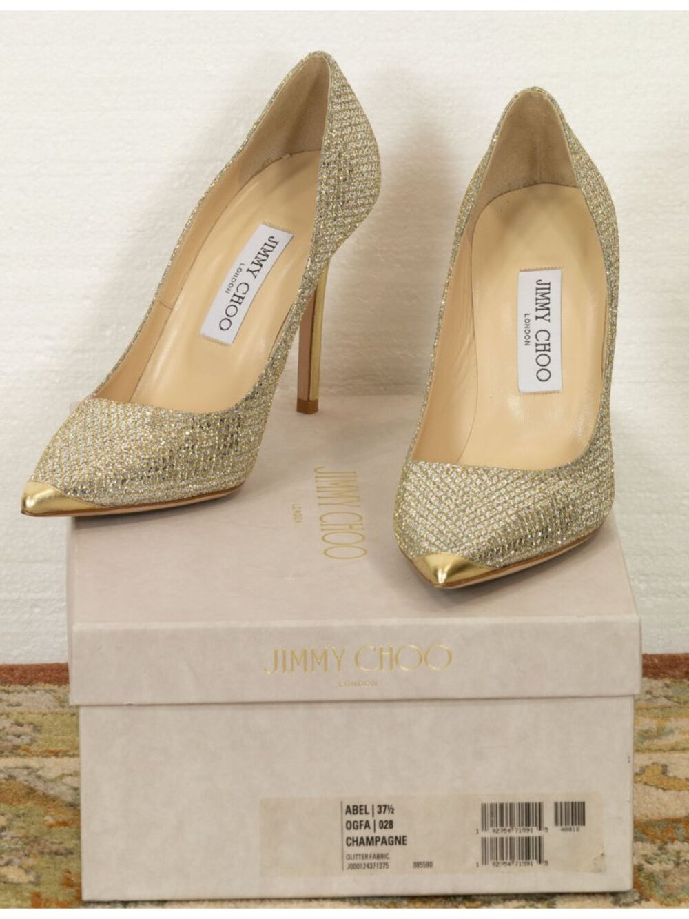 $650 Jimmy Choo “Abel” Gold Glitter Pointed-Toe with Metallic Cap